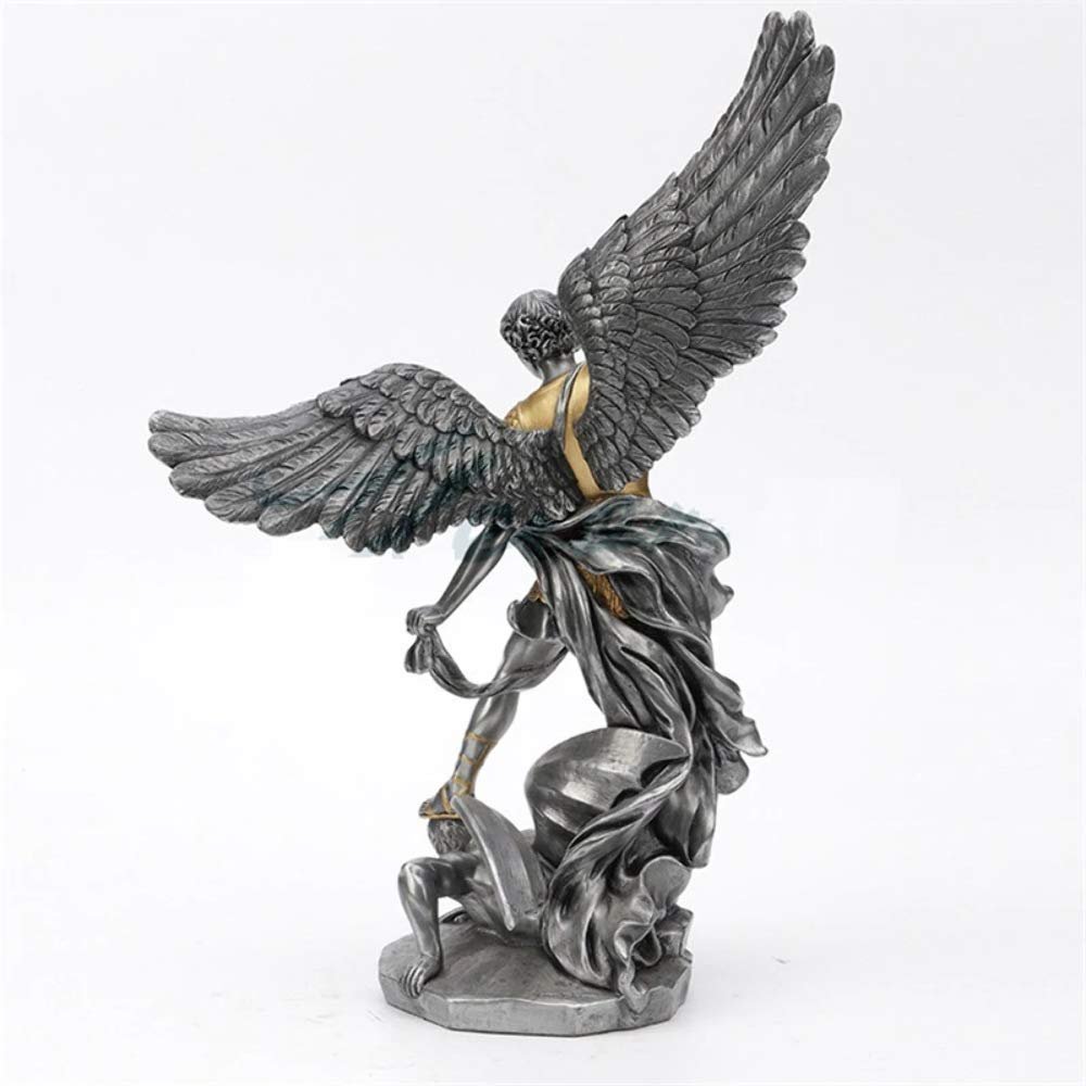 14 1/2 inch pewter and gold Archangel Saint Michael tramples Demon statue sculpture