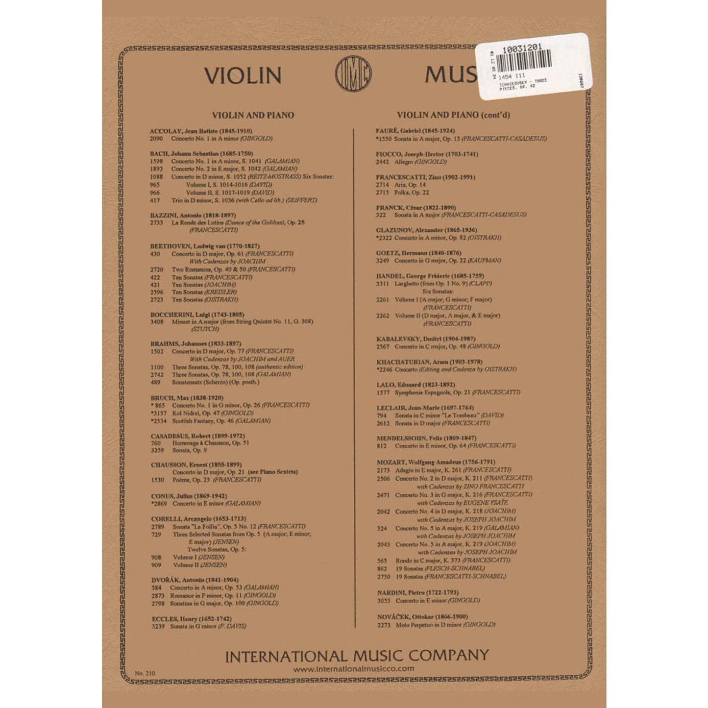 Tchaikovsky Pyotr Ilyich Three Pieces, Op 42. For Violin and Piano. by Ivan Galamian. International
