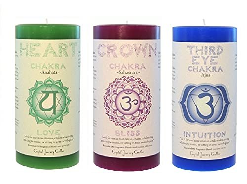 Crystal Journey 3"x6" Pillar Chakra Candles Bundle of 3 (Heart Chakra, Crown Chakra, Third Eye Chakra) - Handcrafted with Lead-Free Material
