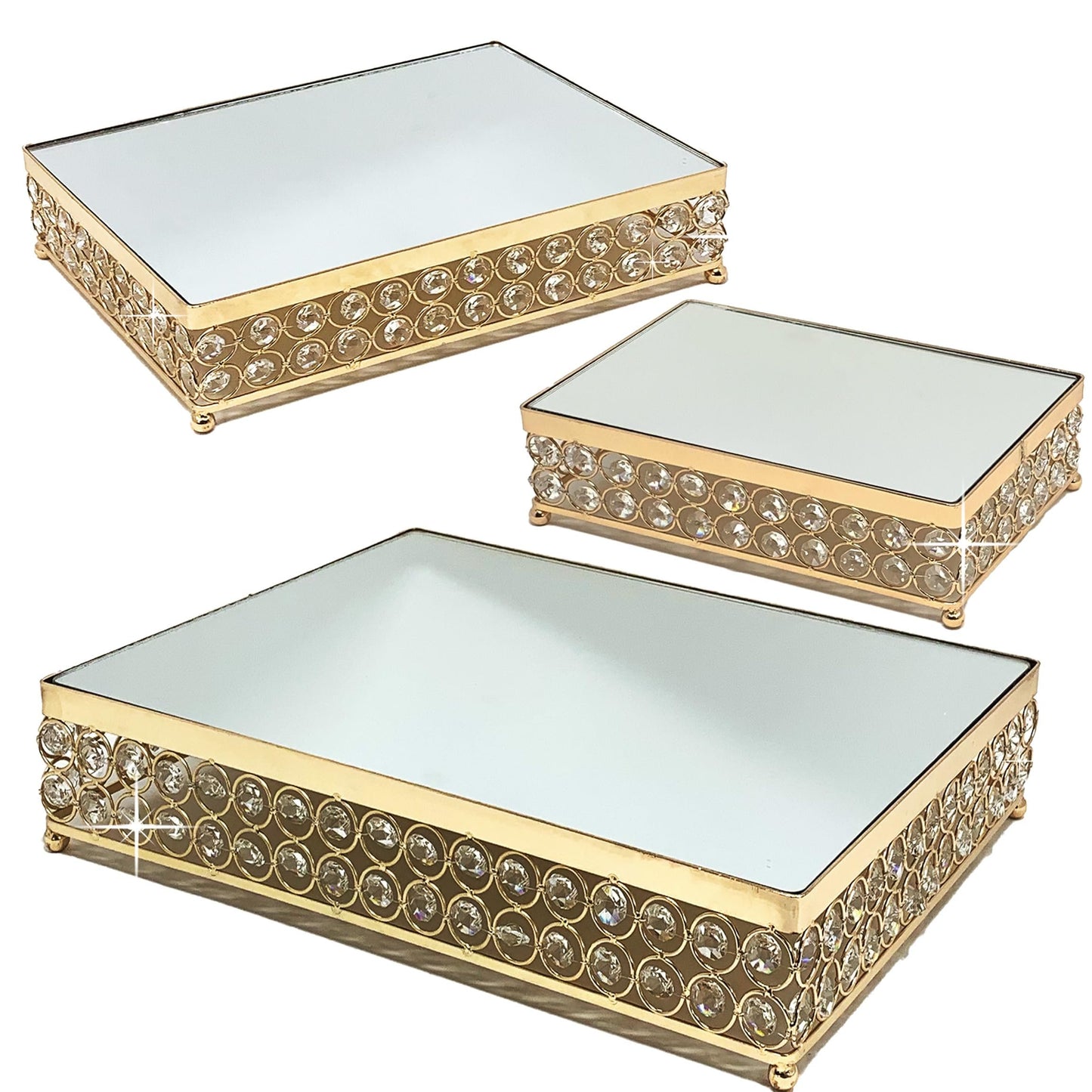 Allgala 3 Piece Set Crystal Gold Plated Dessert Cheese Cupcake Cake Stand with Mirror Plate