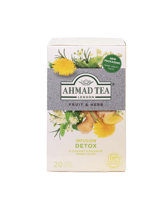 Ahmad Tea Herbal Tea, Ginger, Peppermint, Fennel, Dandelion, & Birch 'Detox' Teabags, 20 ct (Pack of 1) - Decaffeinated & Sugar-Free