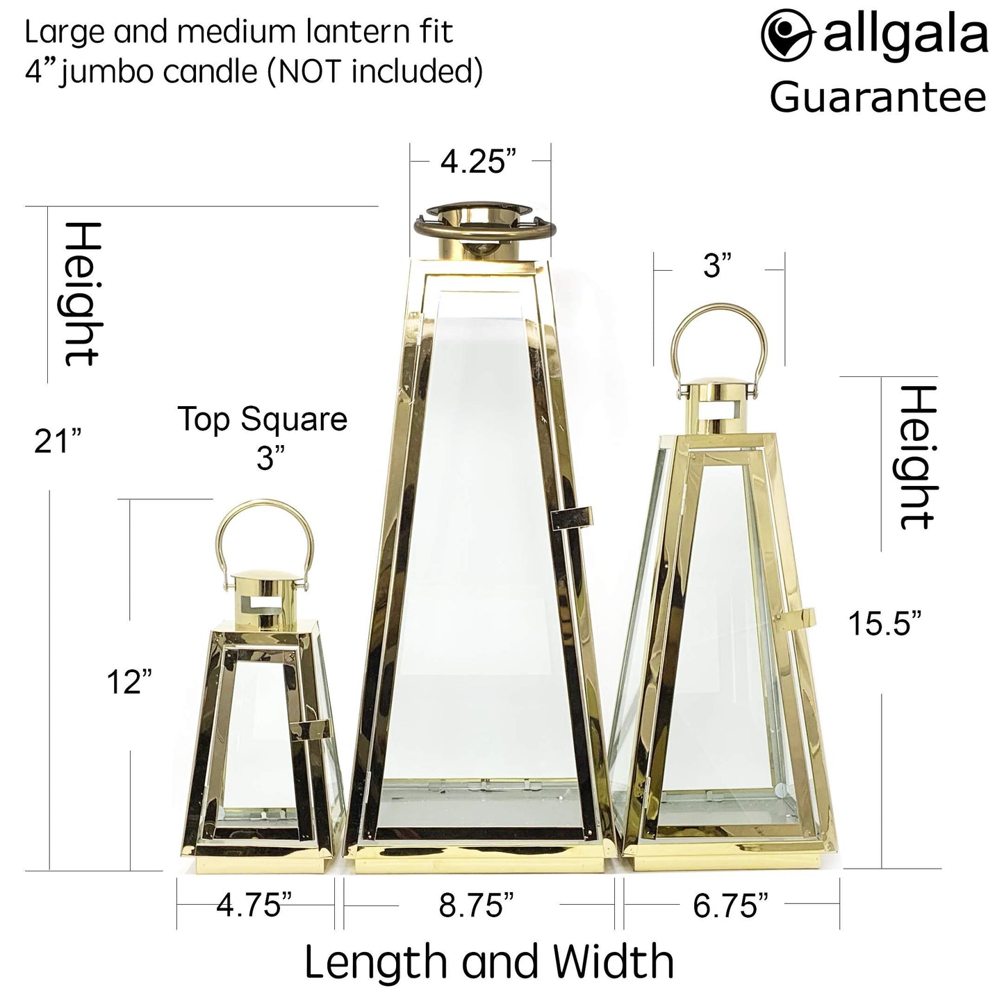 Allgala Lantern Set 3-PC Jumbo Deluxe Modern Indoor/Outdoor Candle Lantern Set with Chrome Plated Structure and Tempered Glass for Garden Poolside Fireplace Wedding