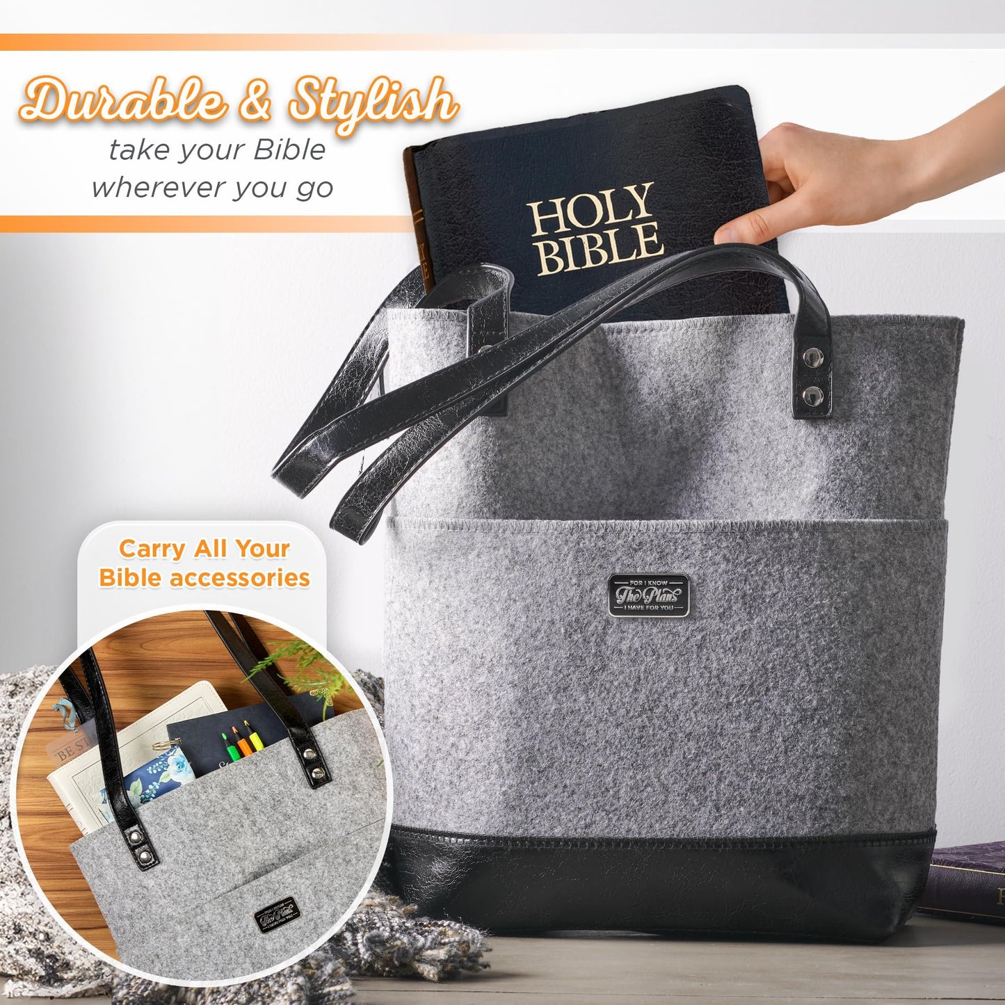 Christian Art Gifts Felt and Faux Leather Fashion Bible Cover Tote Bag with Inspirational Scripture, One Size
