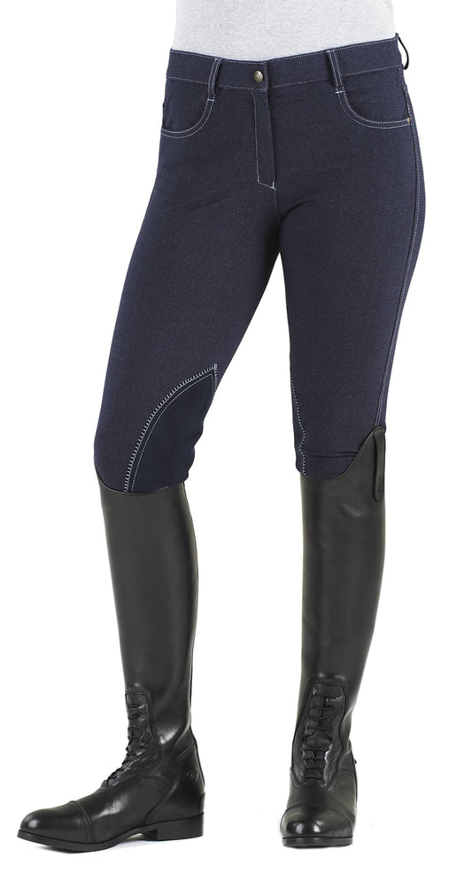 Ovation Women's Euro Melange Zip Front Knee Patch Cotton Breeches, Indigo, 24 Regular