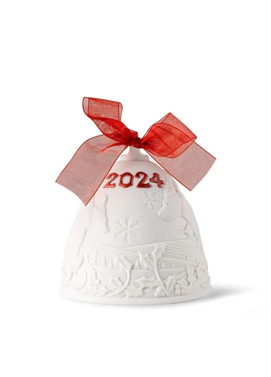 LLADRÓ Christmas Bell Year 2024 Re-Deco Red. Decorative Ornament in Matte Porcelain with Red Details. Porcelain Christmas Bell #18479