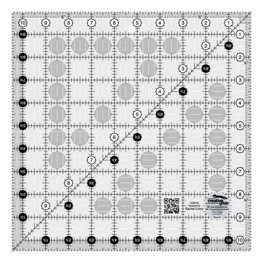 Creative Grids Quilt Ruler 10-1/2in x 10-1/2in Square – CGR10 – Made in USA, Non-Slip Grip Acrylic Quilting, Sewing, Crafting, Patchwork Ruler for Measuring & Cutting Fabric