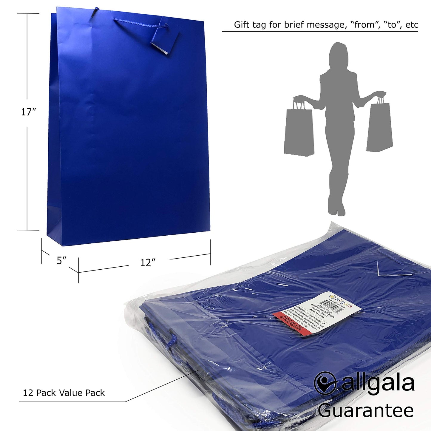 allgala 12PK Value Premium Solid Color Paper Gift Bags