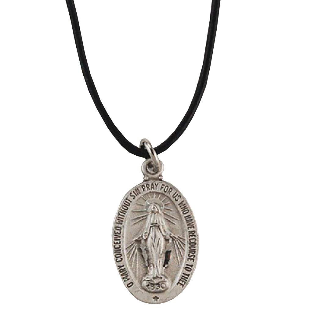 Pewter Miraculous Medal with 18" Leather Cord