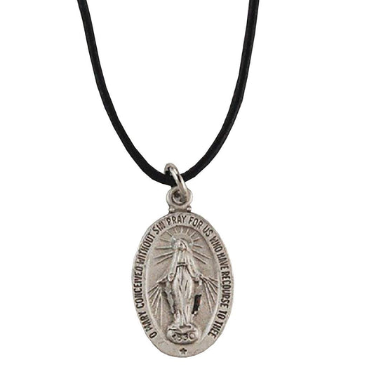 Pewter Miraculous Medal with 18" Leather Cord