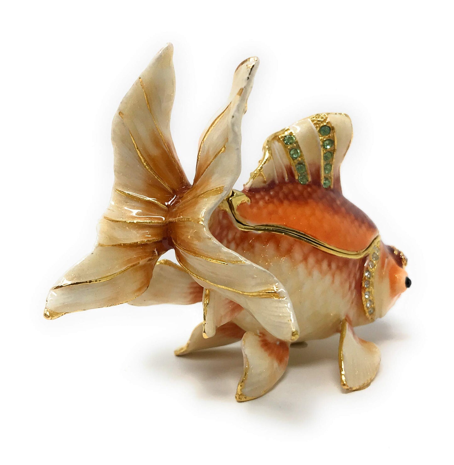 Kubla Crafts Enameled Fantail Koi Goldfish Trinket Box, Accented with Austrian Crystals, 3.5 Inches Long