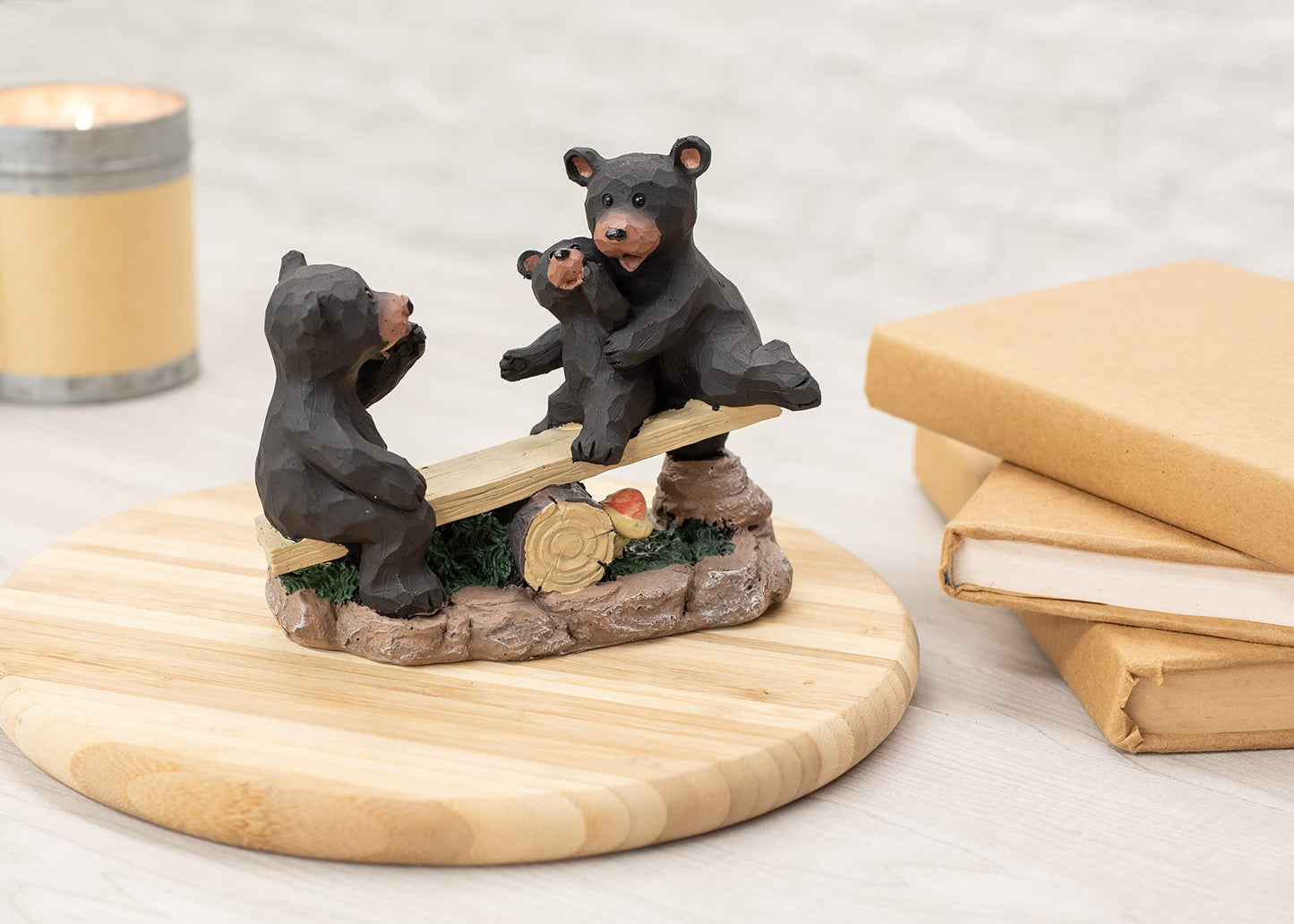 Bears Family On A Teeter Totter Natural Black 6 x 5 Resin Stone Figurine