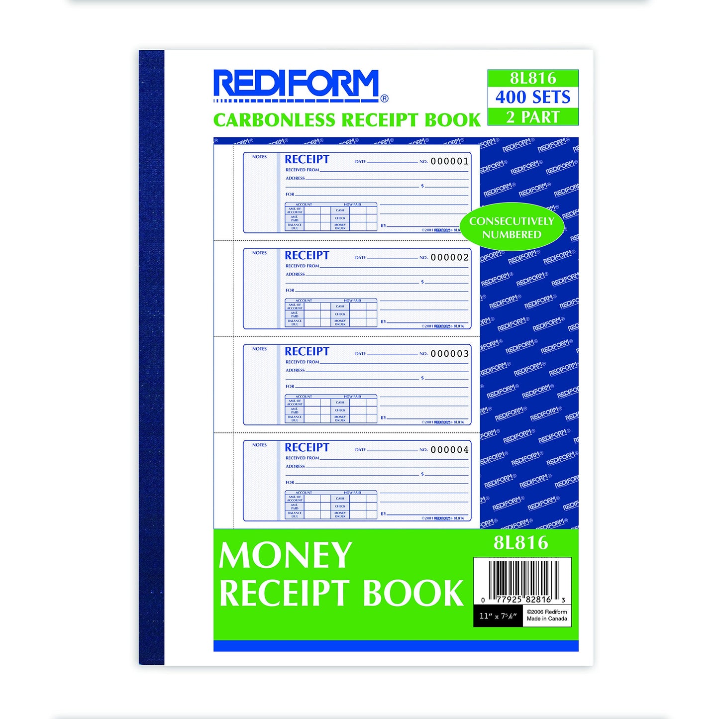 Rediform® Money Receipt Book, Carbonless, 400 Numbered Duplicates, 4/Page, 11" x 7.625" (RED8L816) (8L816)
