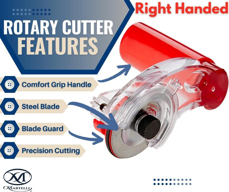 Martelli - Right Handed 60mm Ergonomic Fabric Rotary Cutter for safe pain free fabric cutting - sewing, quilting, fashion design notions & supplies good for arthritis carpal tunnel wrist pain