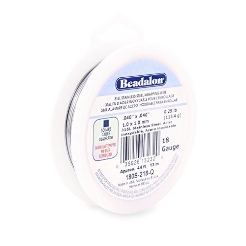 Beadalon 316L Stainless Steel Wrapping Wire, Square, Gauge, 1/4 Pound, 18 Gauge/1/4 lb Spool