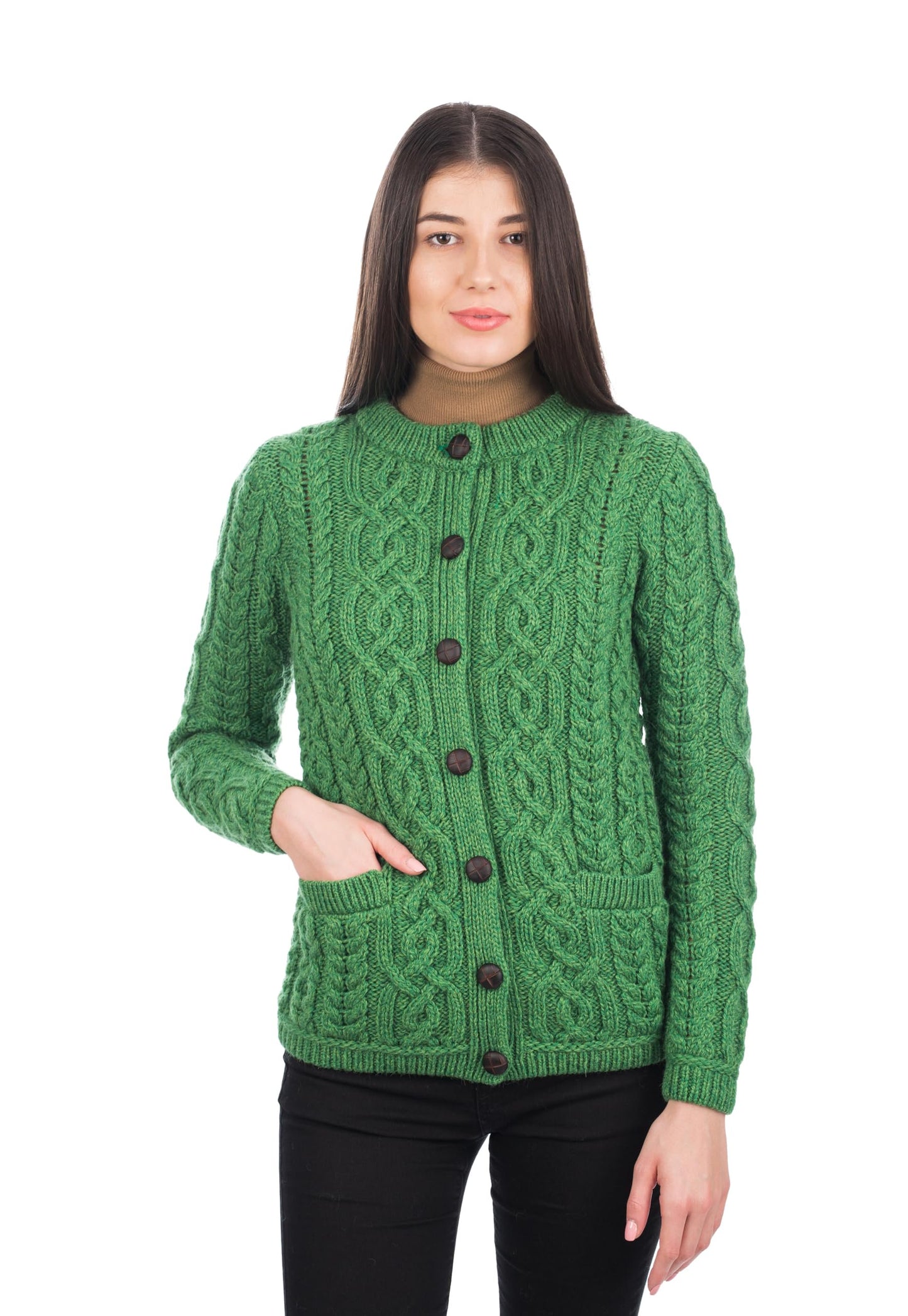 SAOL 100% Merino Wool Ladies Irish Buttons Knit Cardigan Lumber Jacket with Pockets