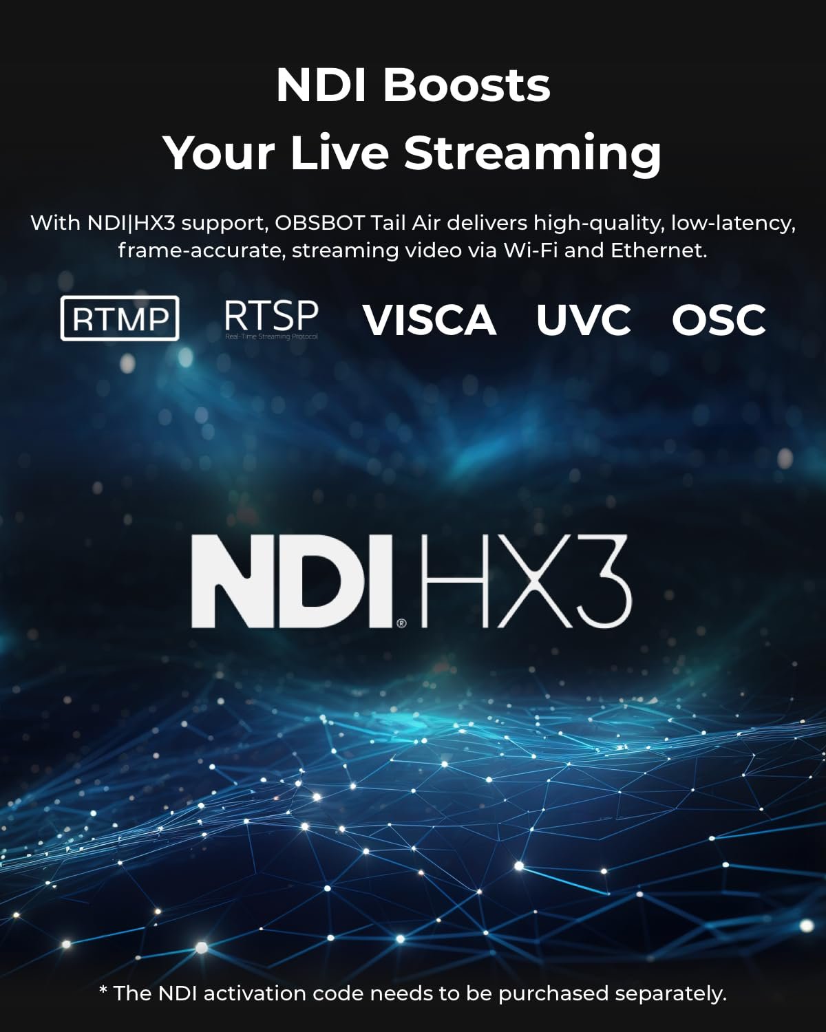 OBSBOT Tail AIR NDI Streaming PTZ Camera, 4K Webcam with AI Tracking, 1.8" CMOS, f/1.8 Aperture, Gesture & Remote Control, Wired&Wireless Connection, LiveStream for Church, Music Live.