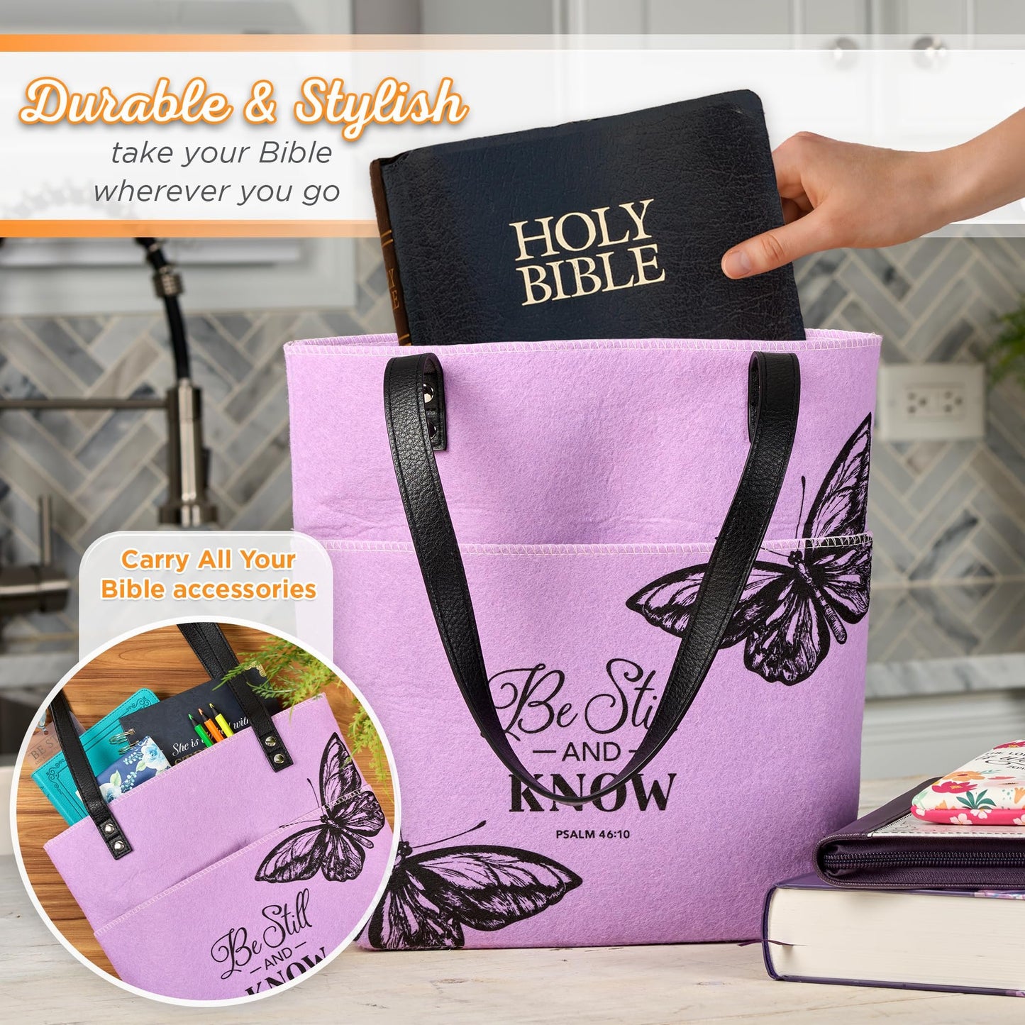 Christian Art Gifts Felt and Faux Leather Fashion Bible Cover Tote Bag with Inspirational Scripture, One Size