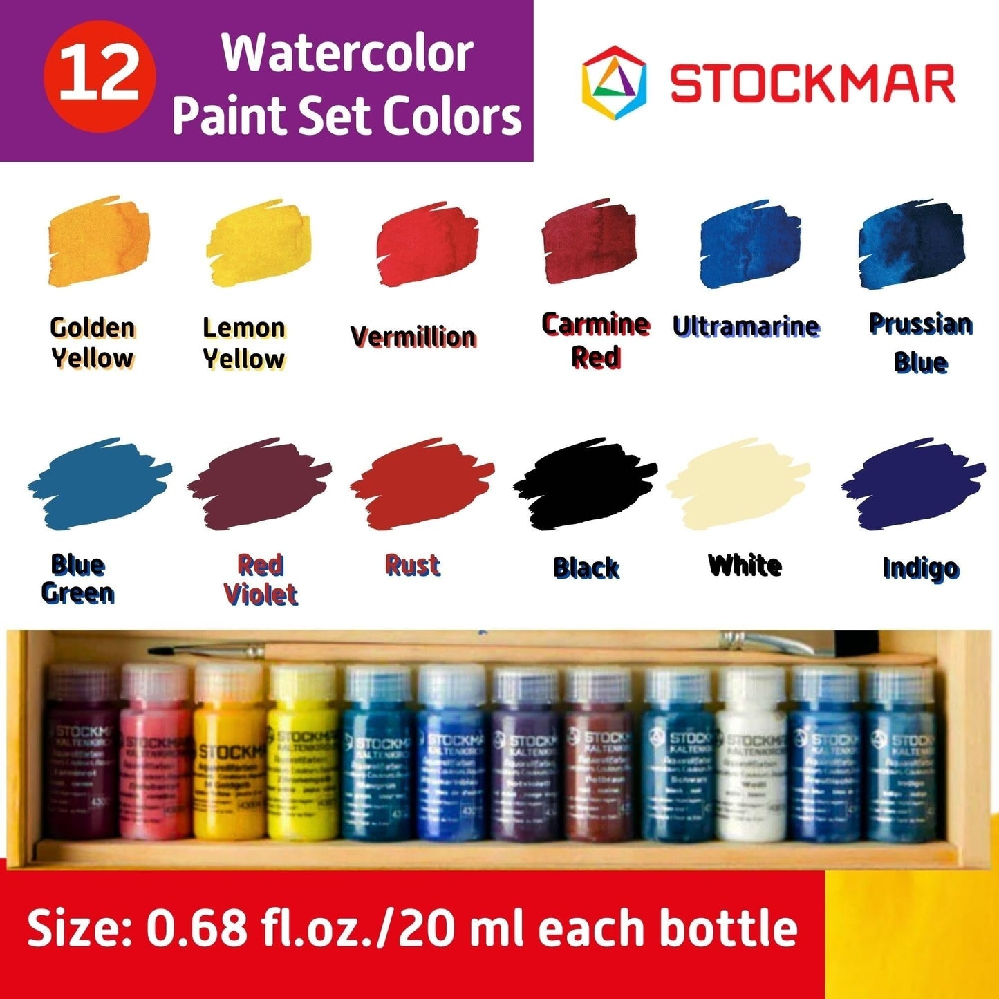 Stockmar Watercolor Paint- 6 Set, Washable Paint for Kids, Homeschoolers & Students, Waldorf Art Supplies (6 Bottles, 20 mL each)