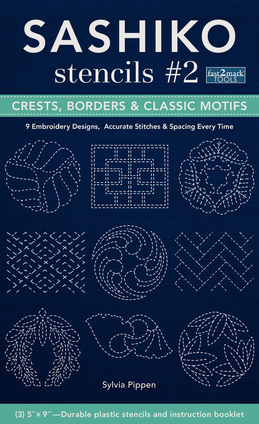 Sashiko Stencils #2 Crests, Borders & Classic Motifs: 9 Embroidery Designs 3'' x 5'', Accurate Stitches & Spacing Every Time