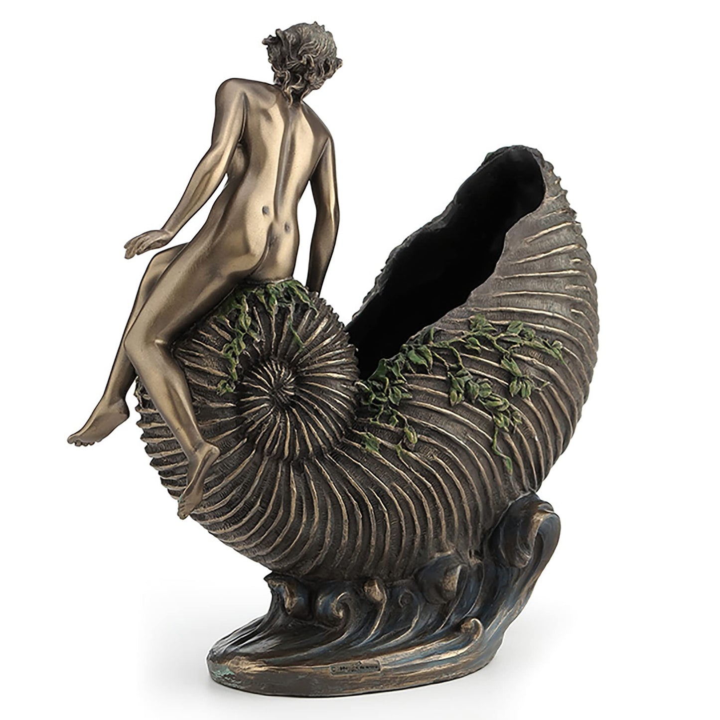 Veronese Design 9 5/8 Art Nouveau Nude Ldy Sitting On Nautilus Shell Container Resin Sculpture Bronze Finish