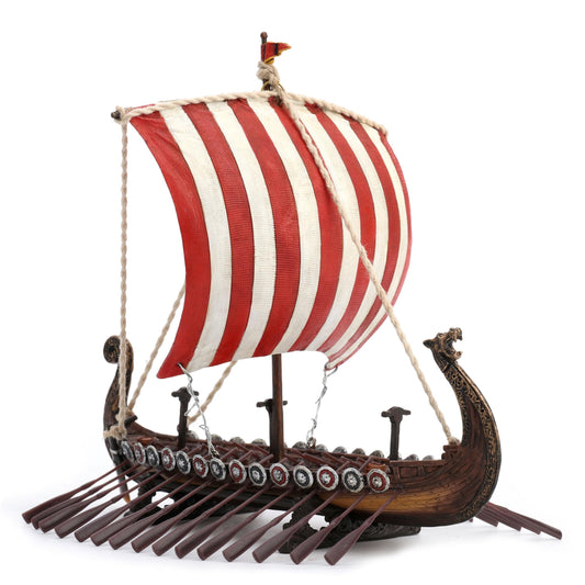 Veronese Design 6 7/8 Inch Viking Drakkar Longship Red and White Stripe Sail Resin Hand Painted Sculpture