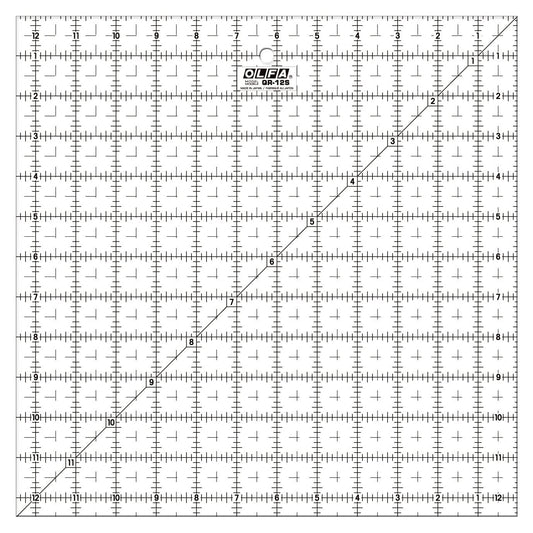 OLFA 12 1/2" x 12 1/2" Frosted Acrylic Ruler (QR-12S) - Non Slip Square 12.5x12.5 Inch Acrylic Ruler with Grid for Cutting Fabric, Sewing, Quilting, & Crafts