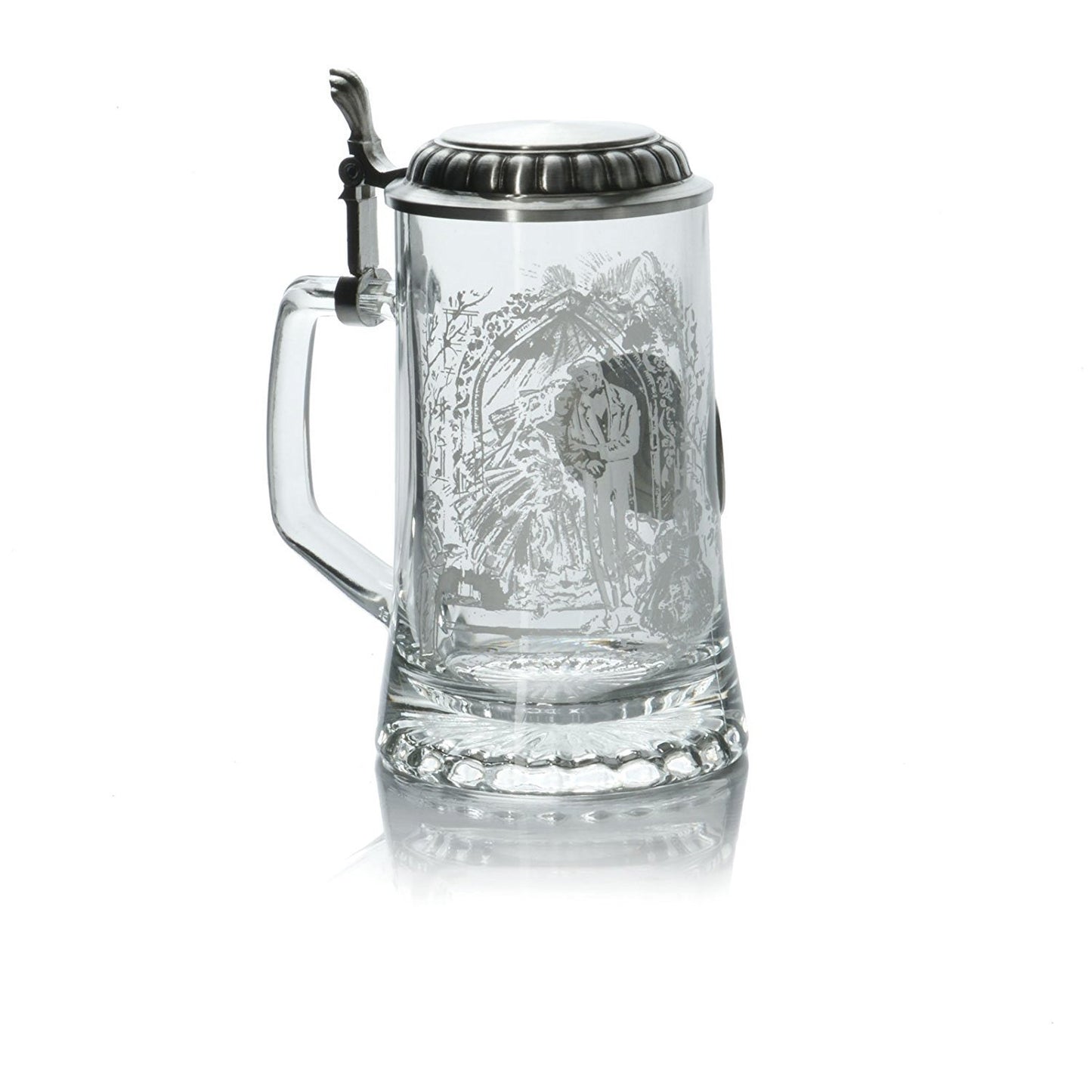 Wedding German Glass Beer Stein Depicts a Bride and Groom Leaving the Chapel