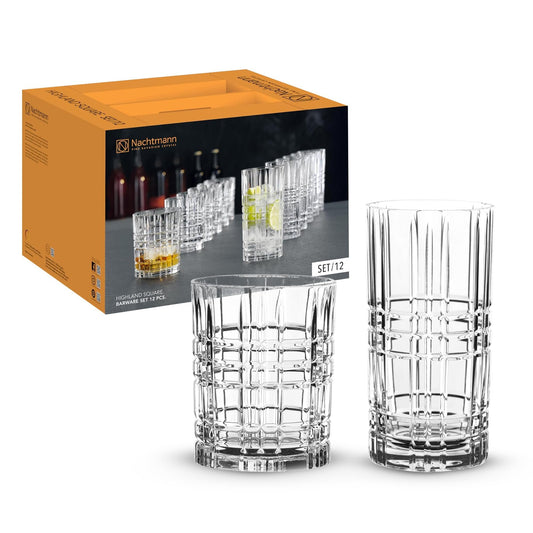 Nachtmann Square 12-Piece Drinkware Set - Highball & Lowball Glasses - Dishwasher Safe Crystal Glass - Ideal for Cocktails & Whiskies, Restaurant & Barware Essentials, Great Housewarming Gift