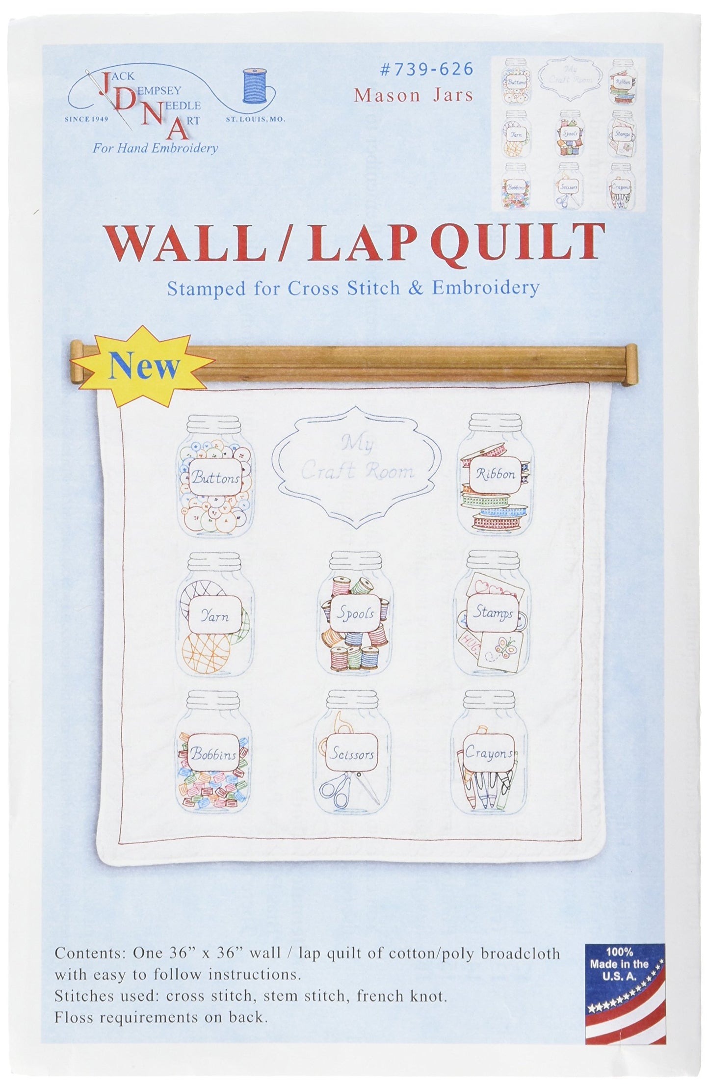 Jack Dempsey Needle Art Jack Dempsey 739-626 Stamped Wall Or Lap Quilt, 36" x 36", Mason Jars, White