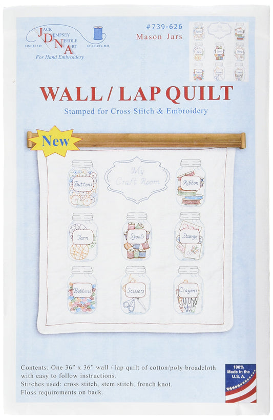 Jack Dempsey Needle Art Jack Dempsey 739-626 Stamped Wall Or Lap Quilt, 36" x 36", Mason Jars, White