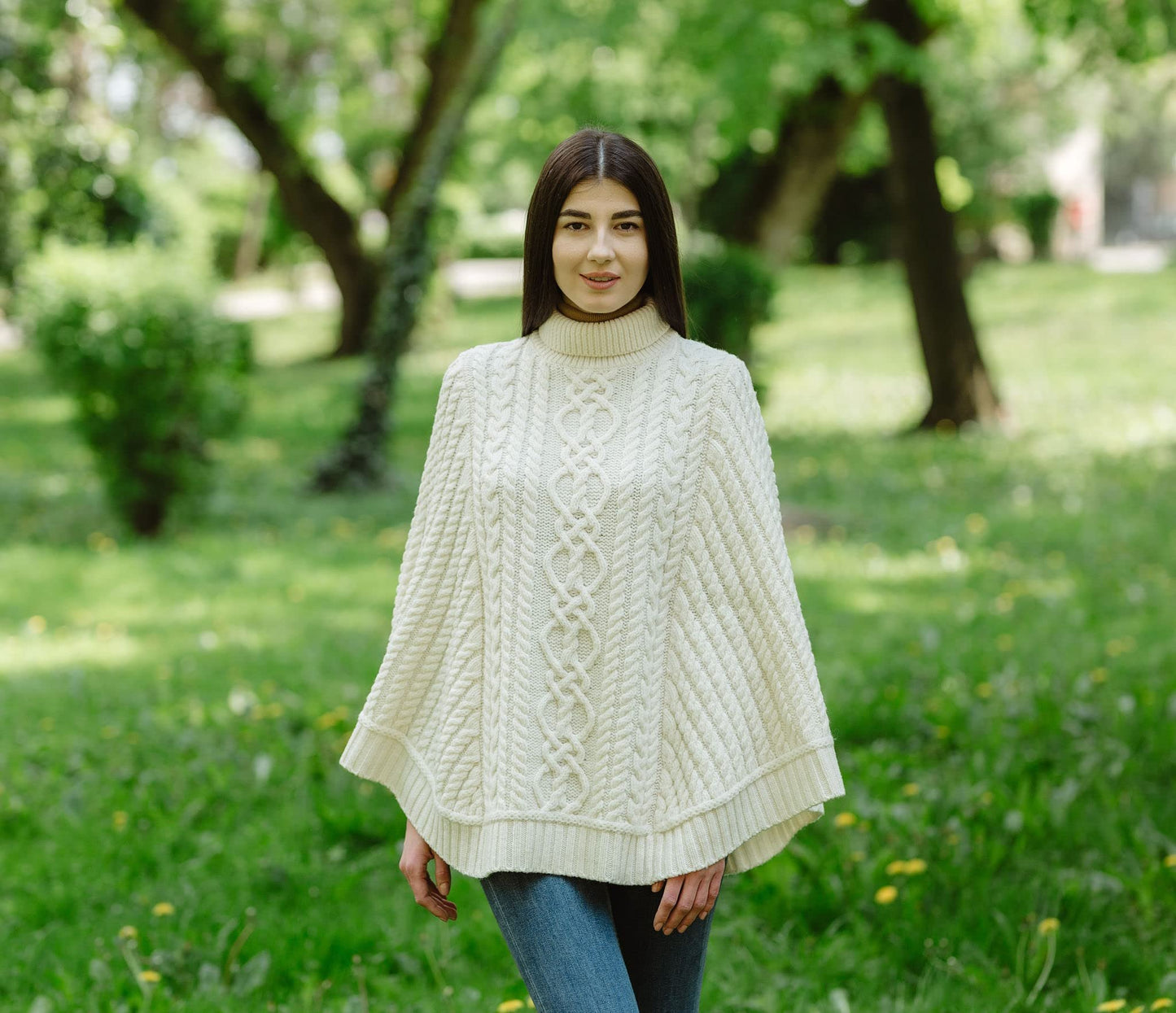 SAOL 100% Merino Wool Cable Knit Ladies Irish Aran Poncho Cardigan