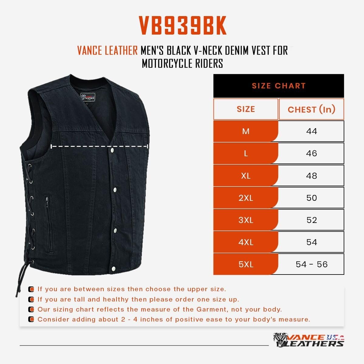 Vance Men's V-Neck Denim Vest for Motorcycle Riders with Conceal Carry Pockets
