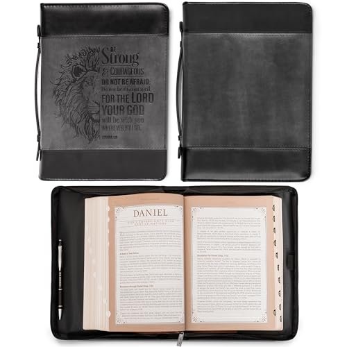 Christian Art Gifts Classic Faux Leather Bible Cover for Men and Women: Be Strong and Courageous - Joshua 1:9 Inspirational Bible Verse with Lion, Gray and Black, Medium