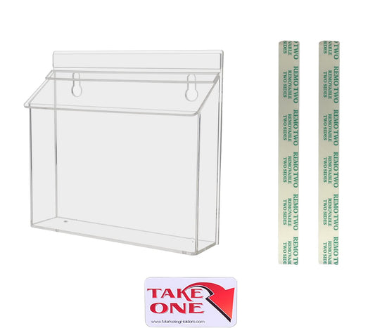 Outdoor Bifold Brochure Holder Holds 9" x 6" Advertising Booklets Clear Acrylic Wall Mount Box with Lid Includes Take One Sticker and Adhesive Strips by Marketing Holders