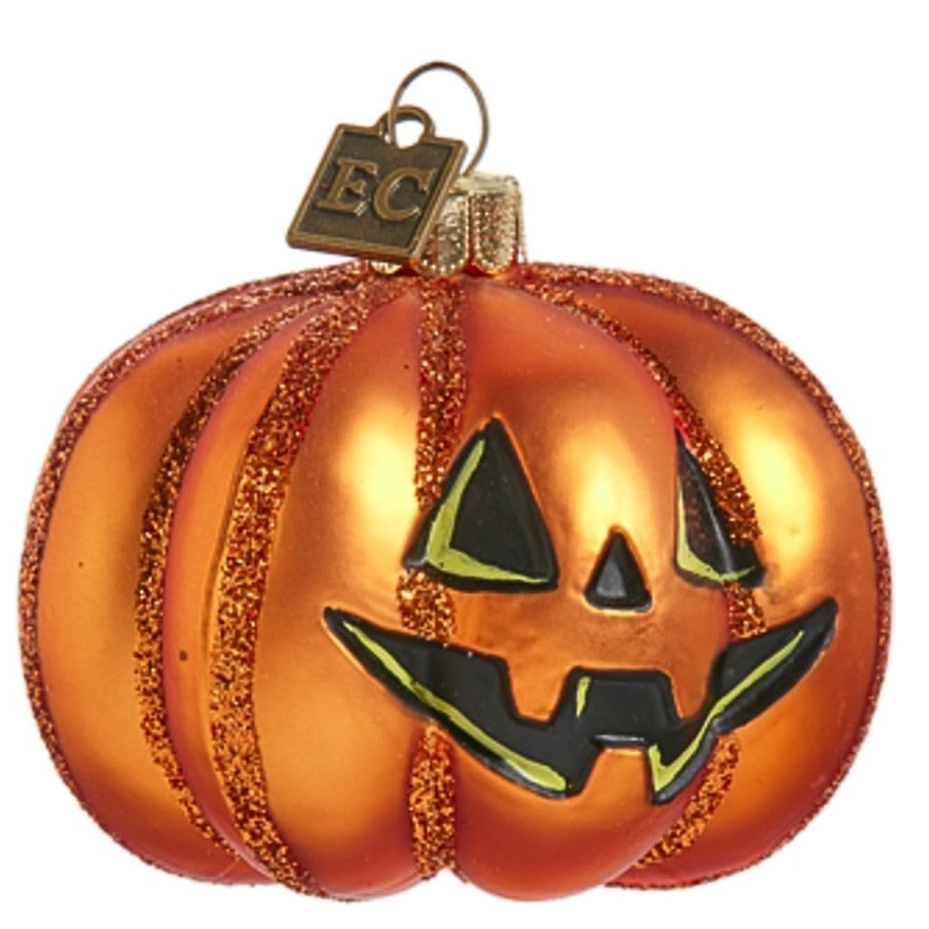 RAZ Imports 2.75" Halloween Pumpkin Ornament, Orange Glittered, Handcrafted Glass, Jack O' Lantern, Halloween Decoration