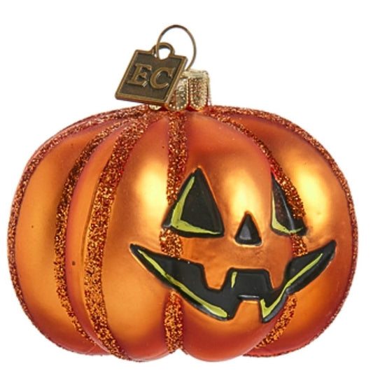 RAZ Imports 2.75" Halloween Pumpkin Ornament, Orange Glittered, Handcrafted Glass, Jack O' Lantern, Halloween Decoration