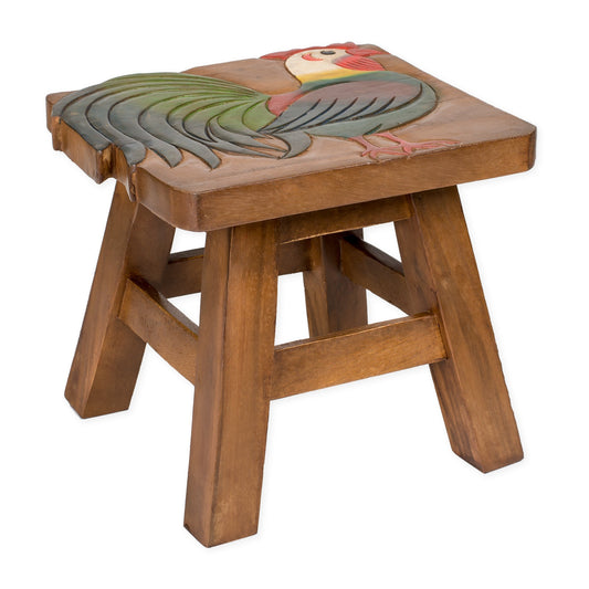 Sea Island Imports Rooster Design Hand Carved Acacia Hardwood Decorative Short Stool
