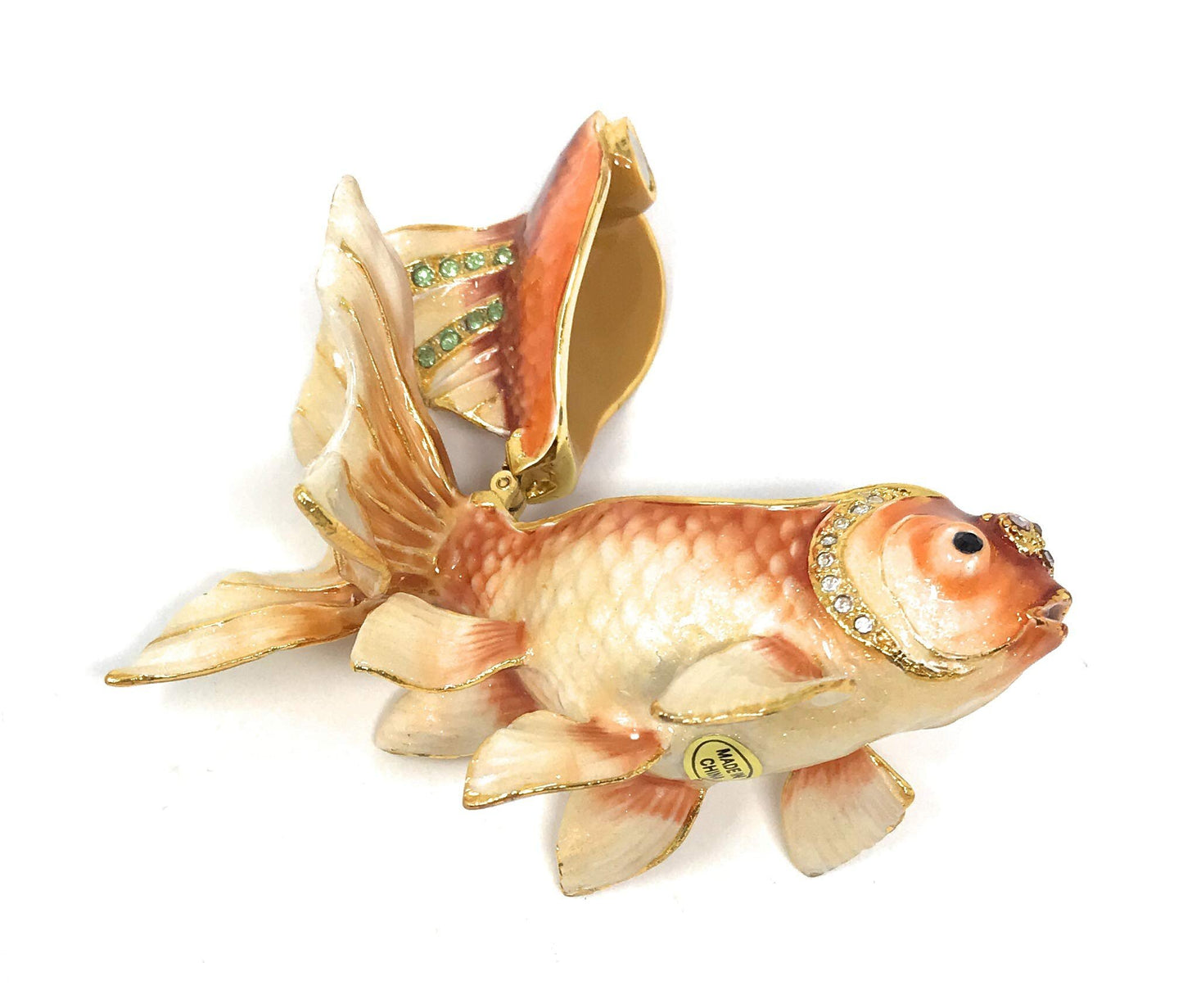 Kubla Crafts Enameled Fantail Koi Goldfish Trinket Box, Accented with Austrian Crystals, 3.5 Inches Long