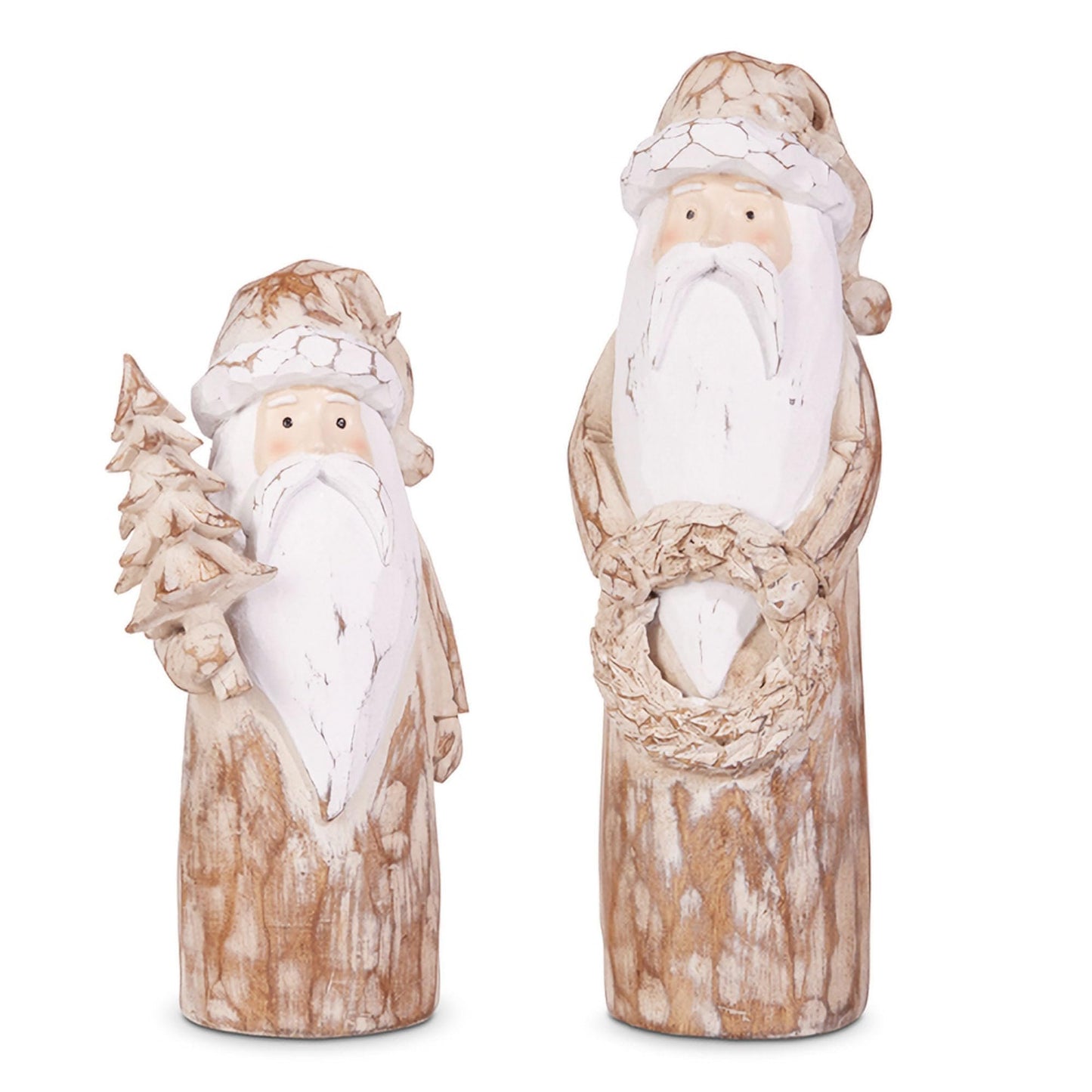 RAZ Imports 2024 Good Tidings 10" Natural Distressed Carved Santas, Set of 2