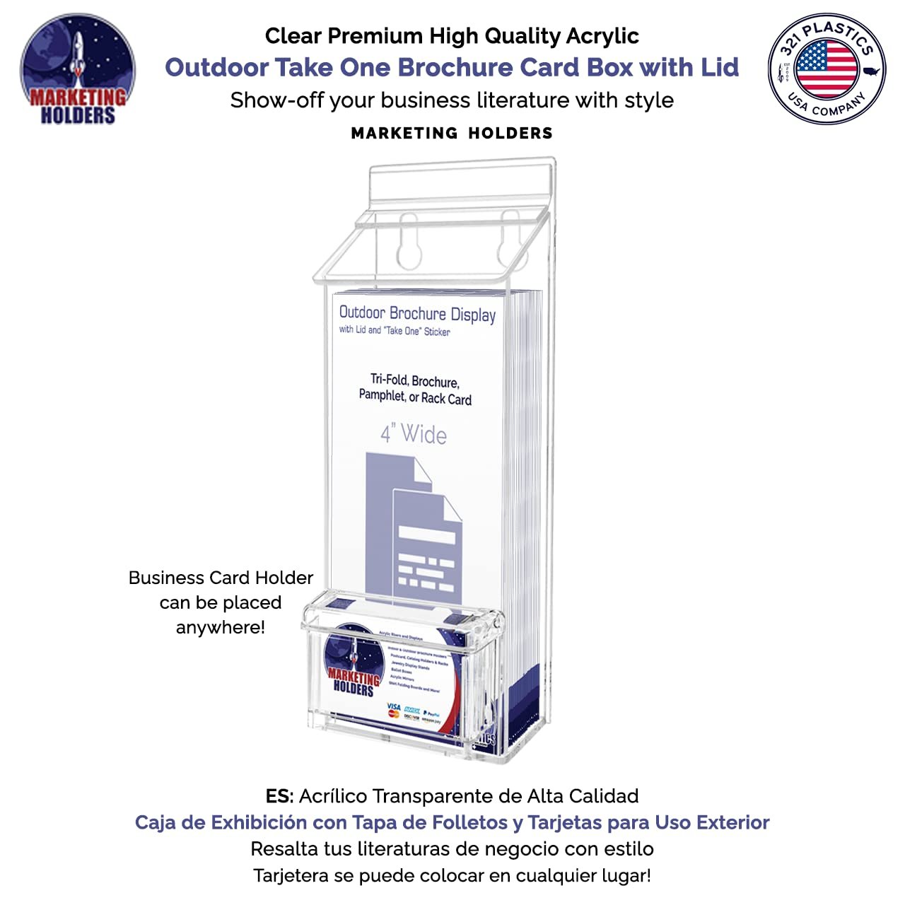 Marketing Holders Outdoor Brochure Holder Holds 9” x 6” Booklets and Bifolds Wall Mount Clear Acrylic Box with Lid Store Front Pamphlet Display Take One Organizer Bin