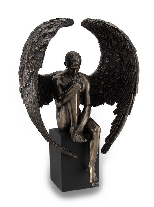 Unicorn Studios Bronze Finished Pensive Male Angel Statue On Black Base