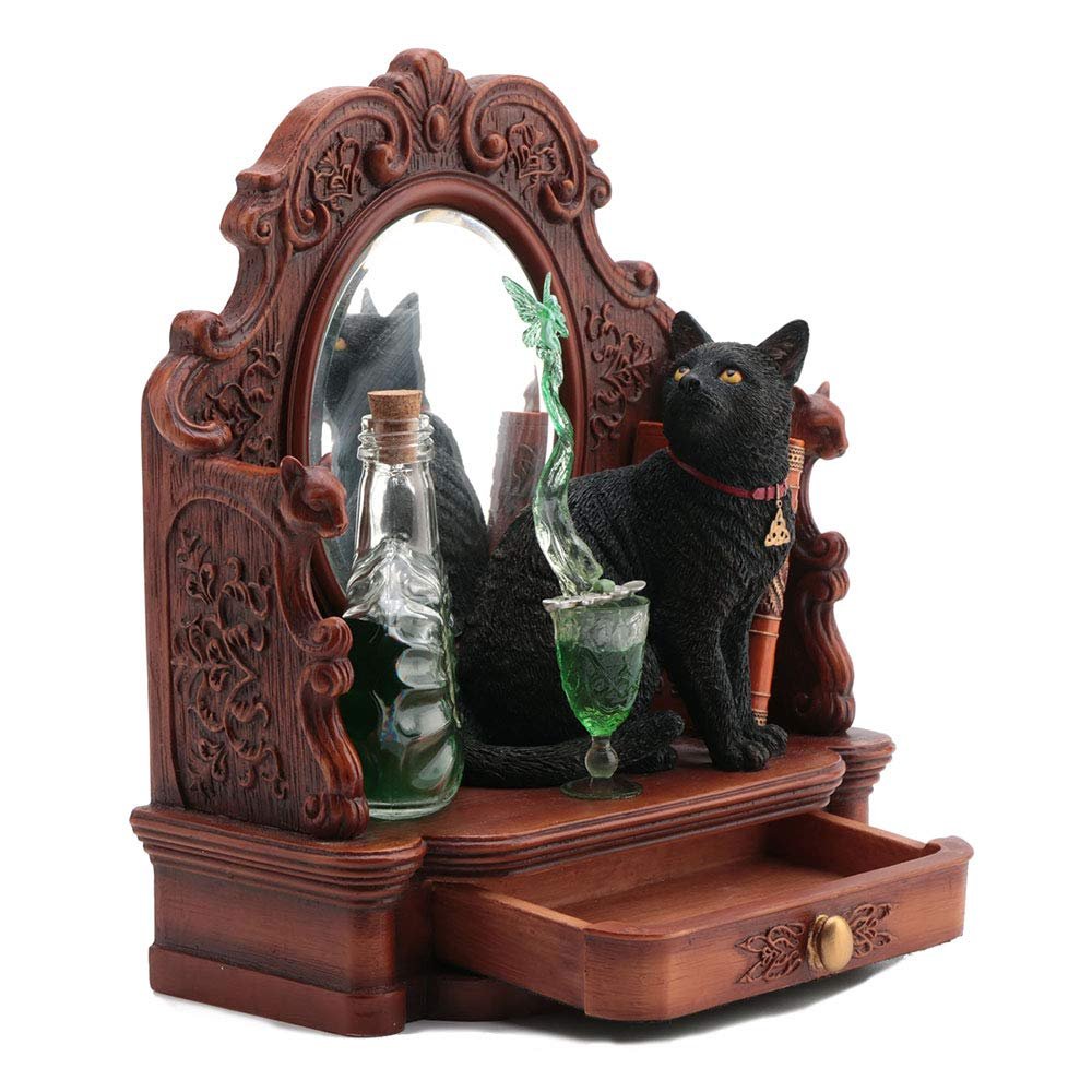 Veronese Design 8.5 Inch Lisa Parker Absinthe Fairy Black Cat Mirror with Drawer Polyresin Hand Painted Figurine Animal Sculpture