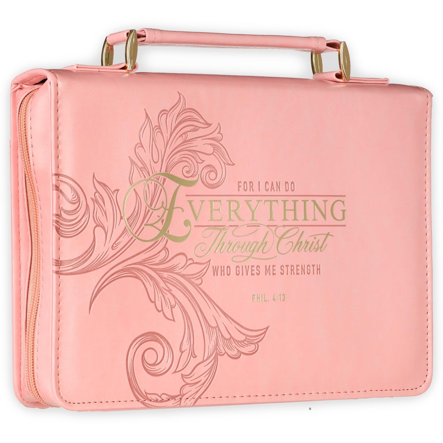 Christian Art Gifts Pink & Gold Floral Faux Leather Fashion Bible Cover for Women: Everything Through Christ - Phil. 4:13 Inspirational Scripture w/Sleeves, Pocket, Pen Loops to Organize, Pink