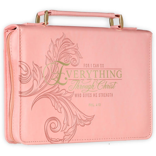 Christian Art Gifts Pink & Gold Floral Faux Leather Fashion Bible Cover for Women: Everything Through Christ - Phil. 4:13 Inspirational Scripture w/Sleeves, Pocket, Pen Loops to Organize, Pink
