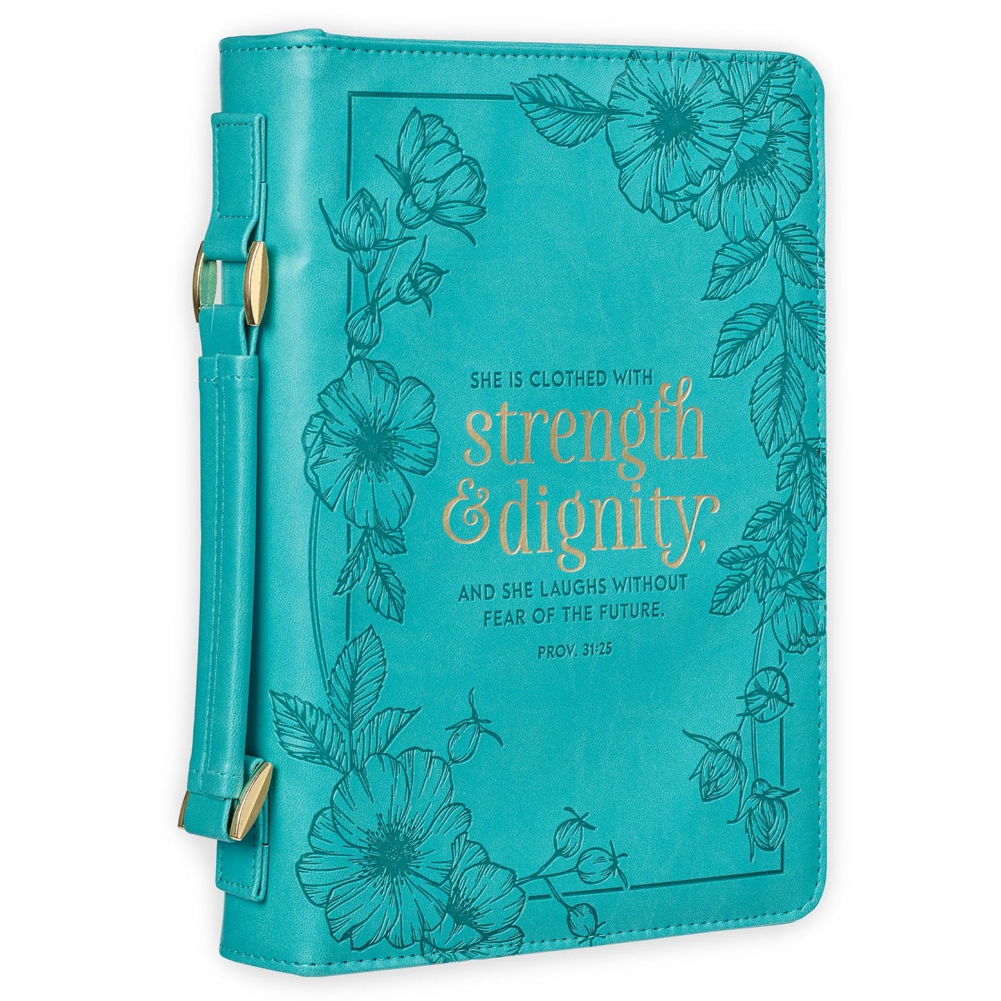 Teal Floral Fashion Bible Cover for Women She is Clothed Strength Dignity Proverbs 31 Woman Bible Case Book Cover, Faux Leather