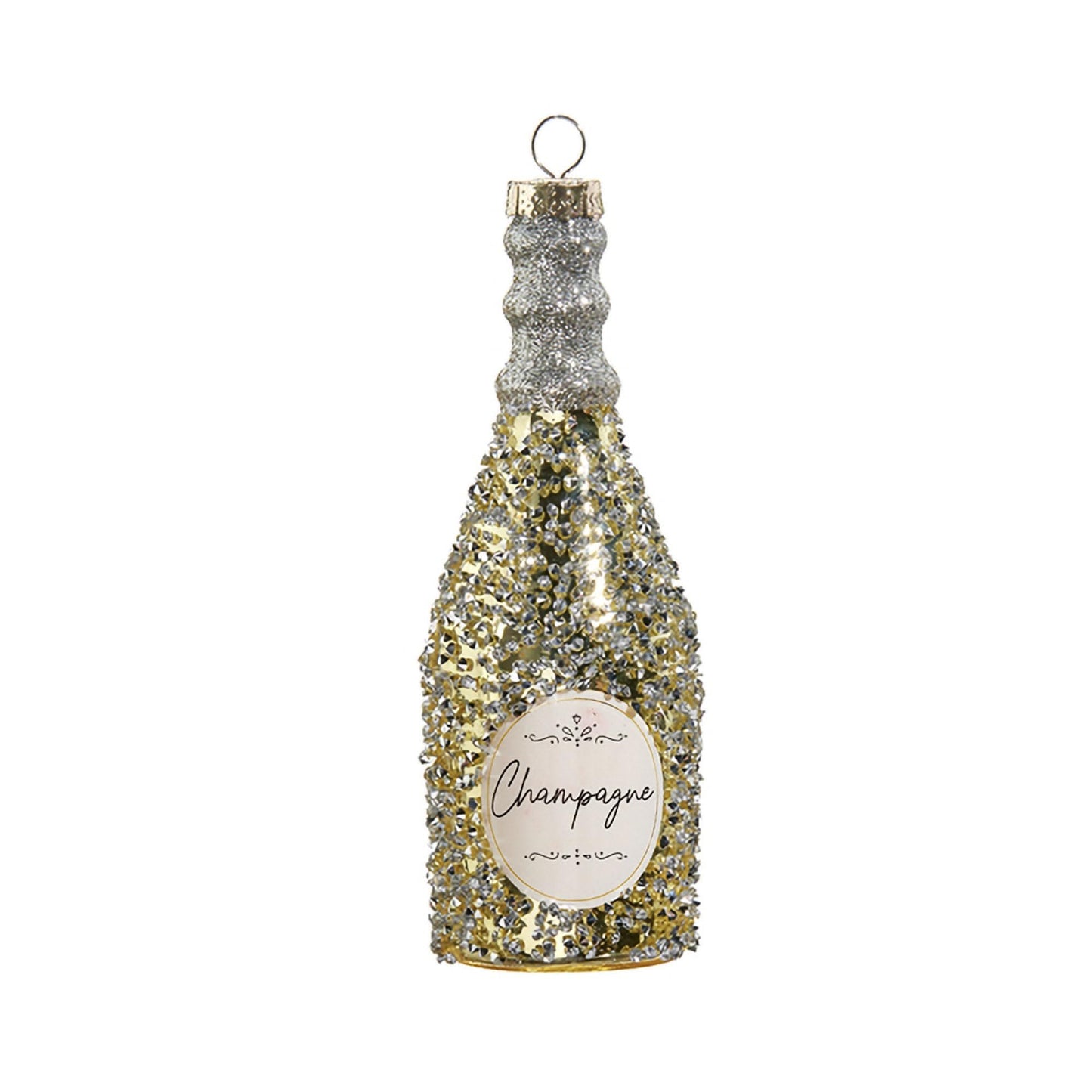 RAZ Imports Glittered Champagne Bottle Ornament, 5-inch Diameter, Glass and Plastic, Christmas, Home Décor