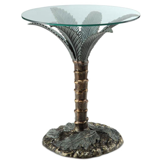 SPI Cast Aluminum Palm Tree Glass Top End Table