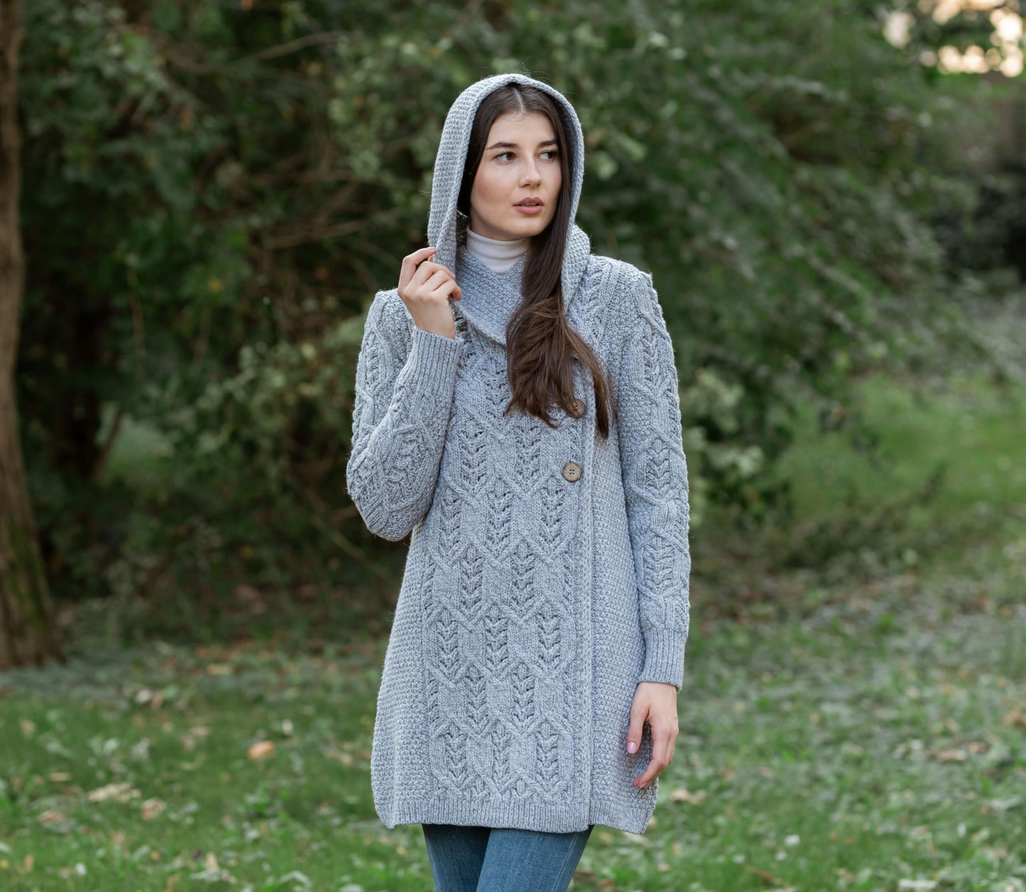 SAOL 100% Merino Wool Women Cardigan Butonned with Hood Aran Leaf Coat Made in Ireland