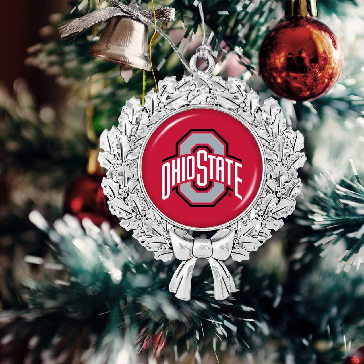 From the Heart Enterprises Ohio State Buckeyes Wreath with Team Logo Silver Metal Christmas Ornament Gift Tree Decoration OSU