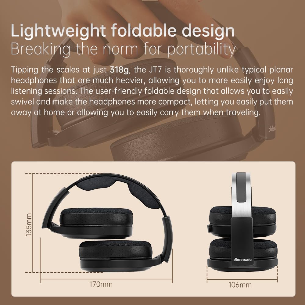 FiiO JT7 Over-Ear Planar Magnetic Headphones, 95x86mm Planar Driver, 3µm Ultra-Thin Diaphragm, Foldable Lightweight Design, Detachable 4.4mm/3.5mm Cable for Audiophiles